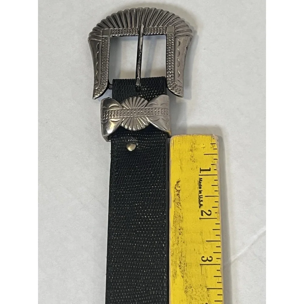 Belt Small‎ Black & Silver  M.A. Logo Buckle Black Faux Tectured Leather